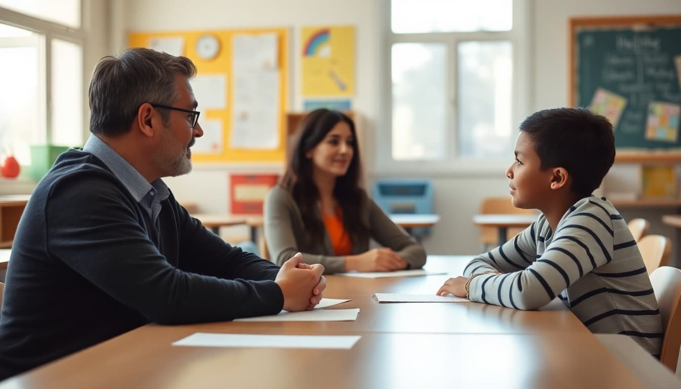 A teacher and parent sitting across from each other at a classroom table during a conference