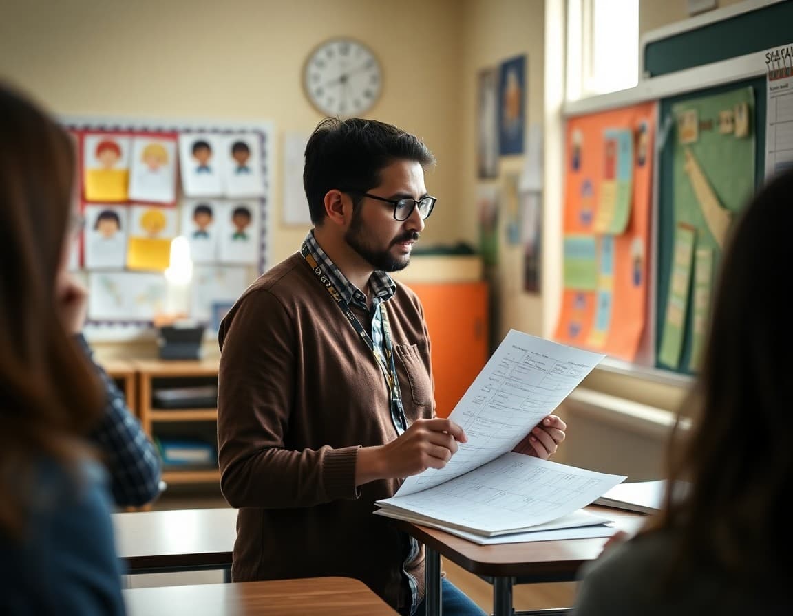 A teacher reviewing end-of-unit assessment results with colorful student work on the wall
