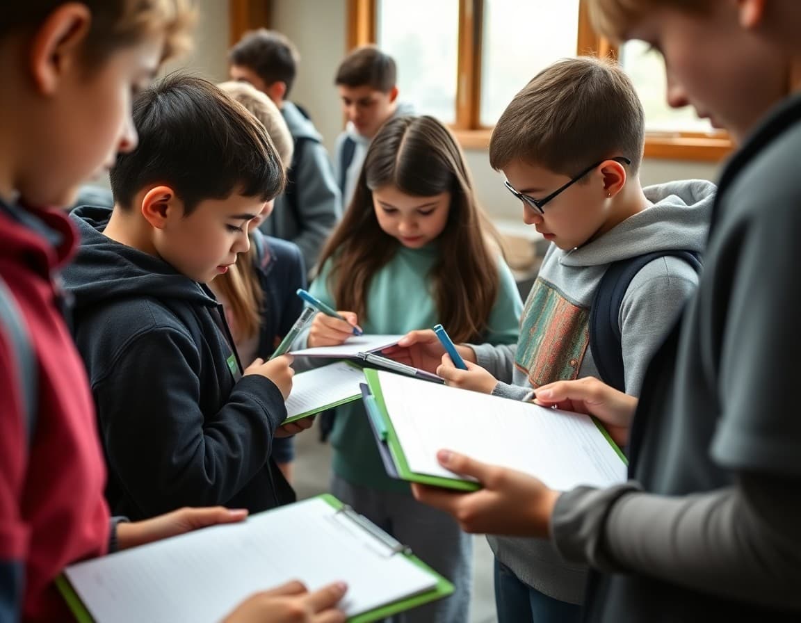 Students taking notes on clipboards during an outdoor educational field trip