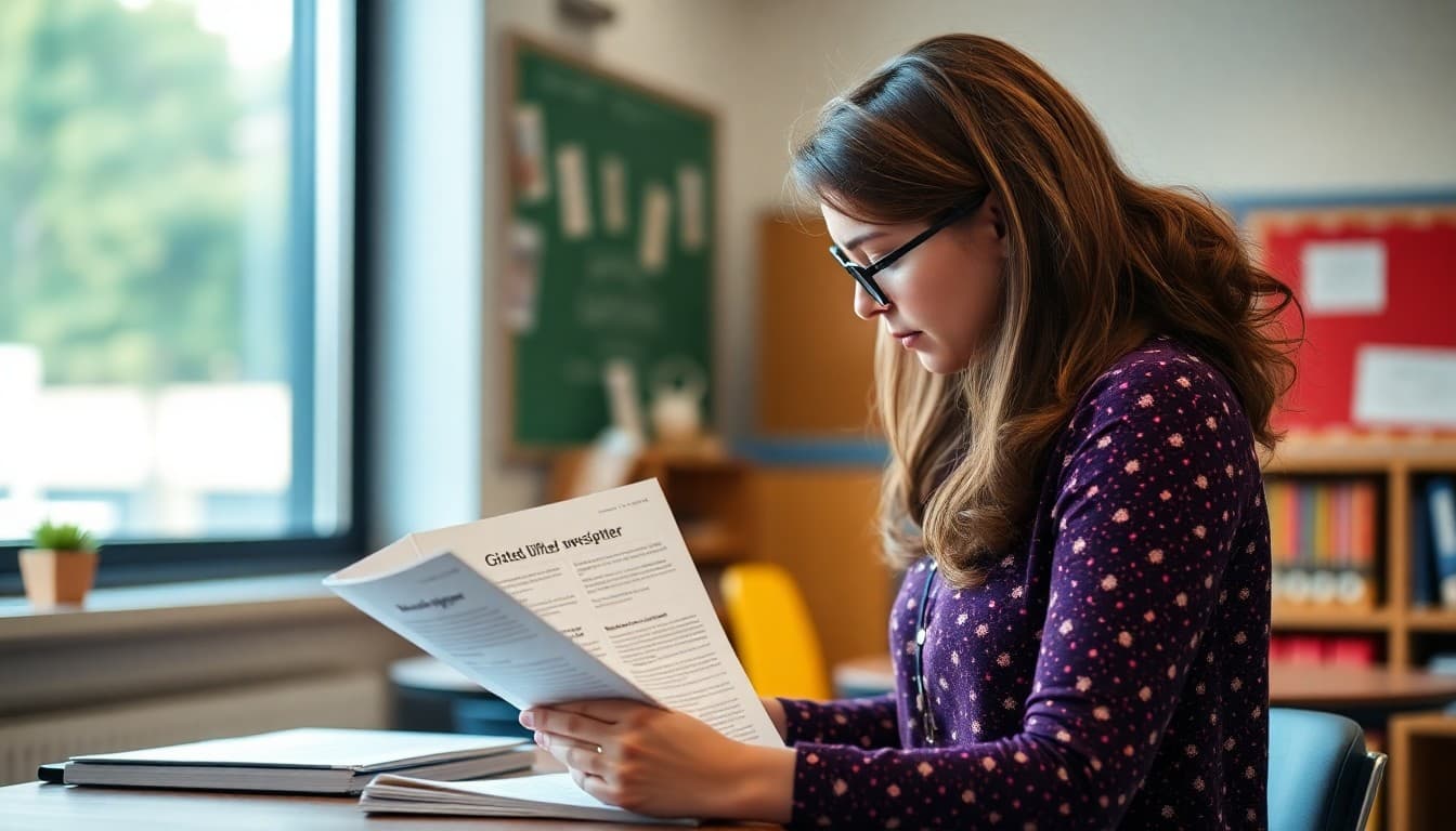 Gifted education teacher preparing a classroom newsletter update for advanced learner families