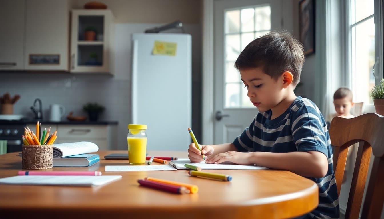 A child doing homework at a kitchen table with a parent nearby reading
