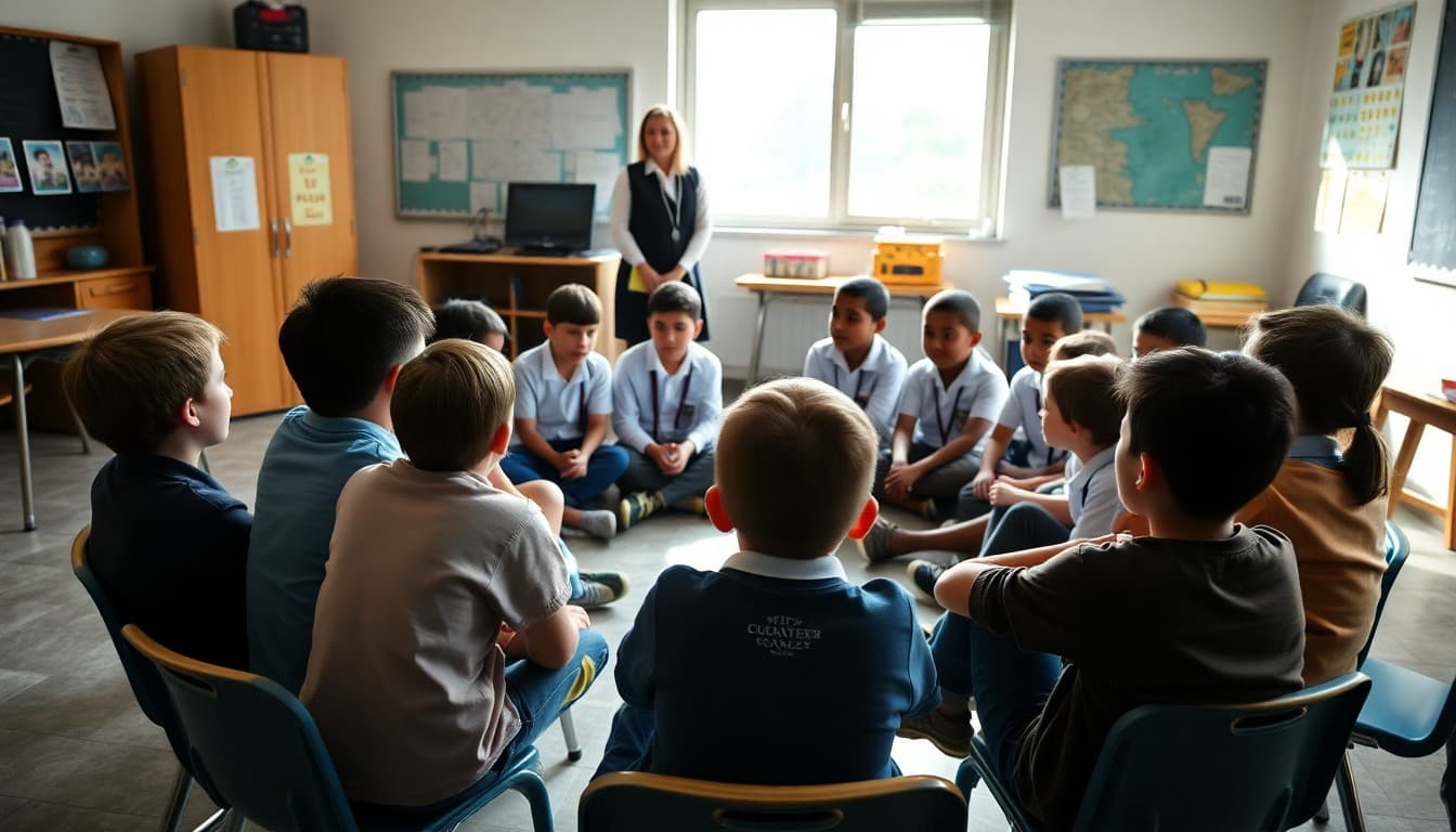 Students sitting attentively in a circle during a classroom meeting with a teacher