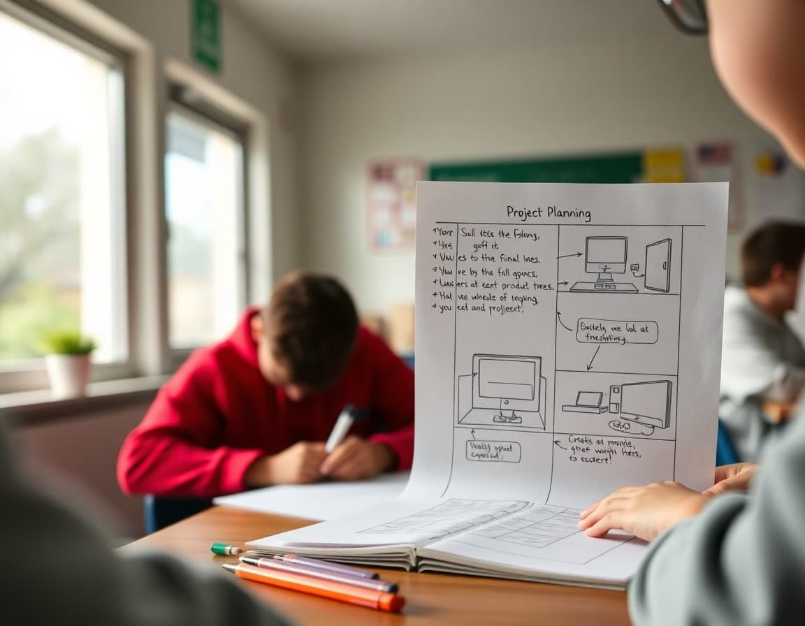 A student's project planning sheet with notes and a sketch of the final product