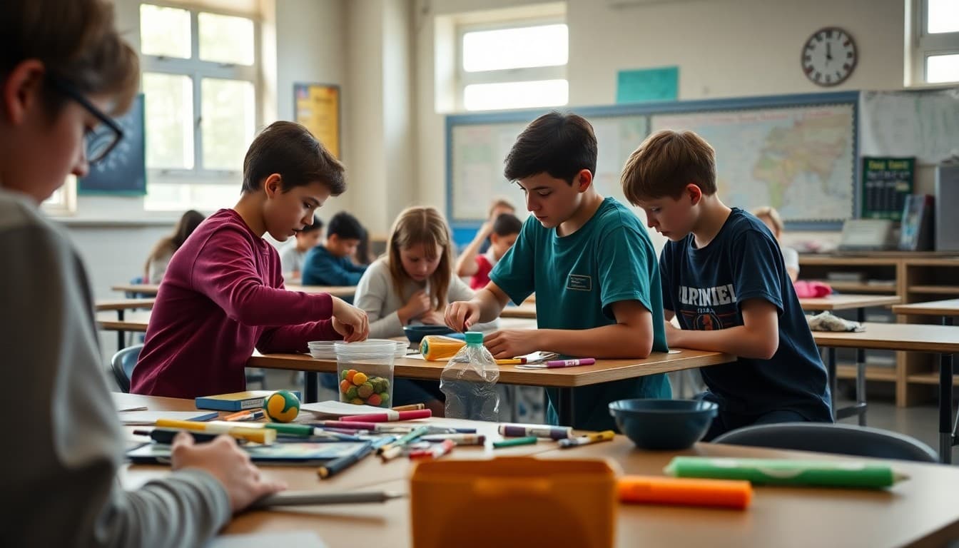 Students working collaboratively on a project with materials spread across classroom tables
