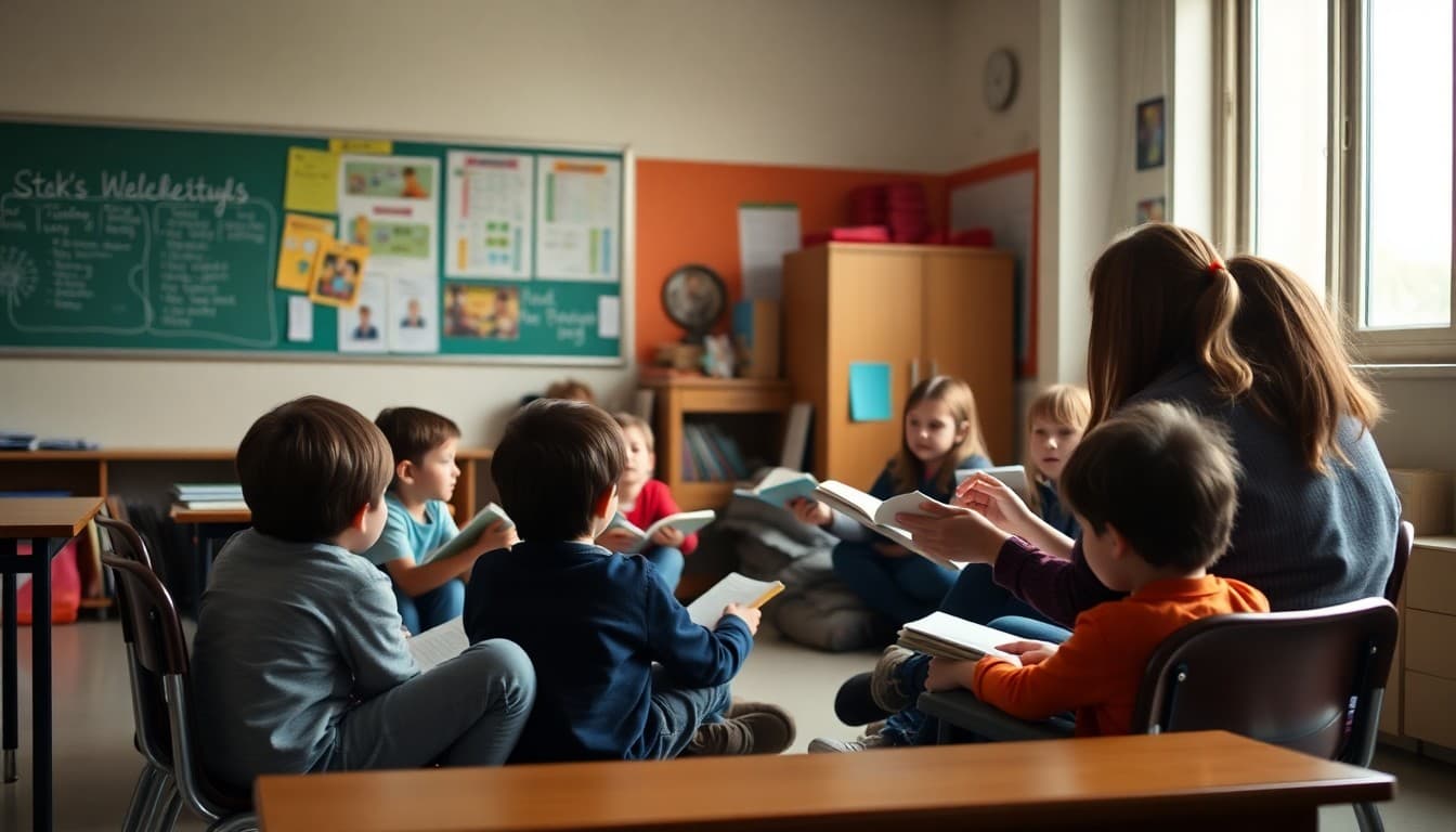 Students sitting in a reading circle with a teacher guiding a discussion in a classroom