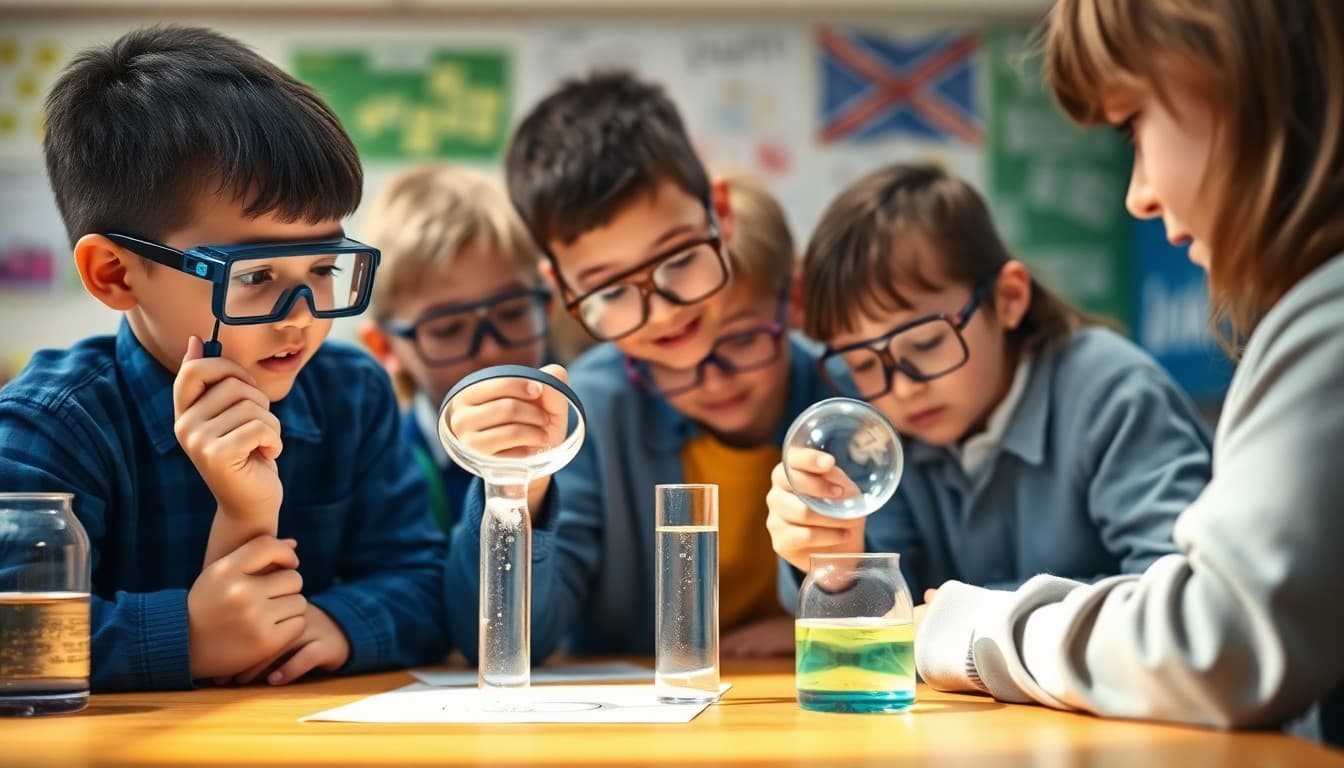 Students conducting a hands-on science experiment with magnifying glasses in a classroom