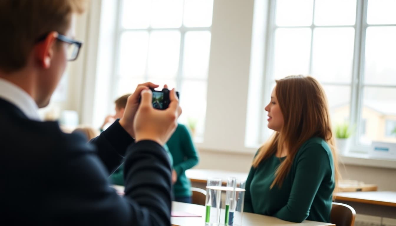 Teacher capturing science experiment photo for classroom newsletter update to parents