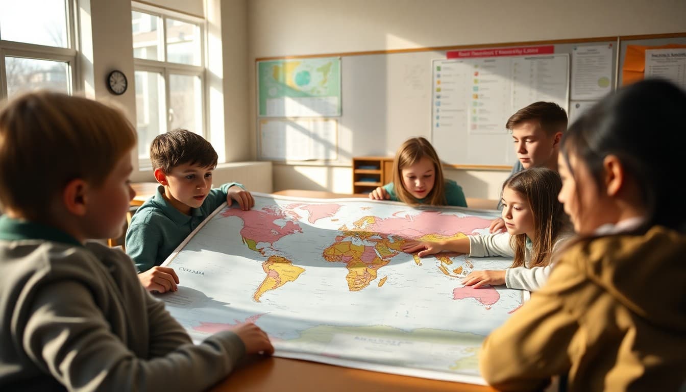 Students gathered around a large map discussing geography in a classroom