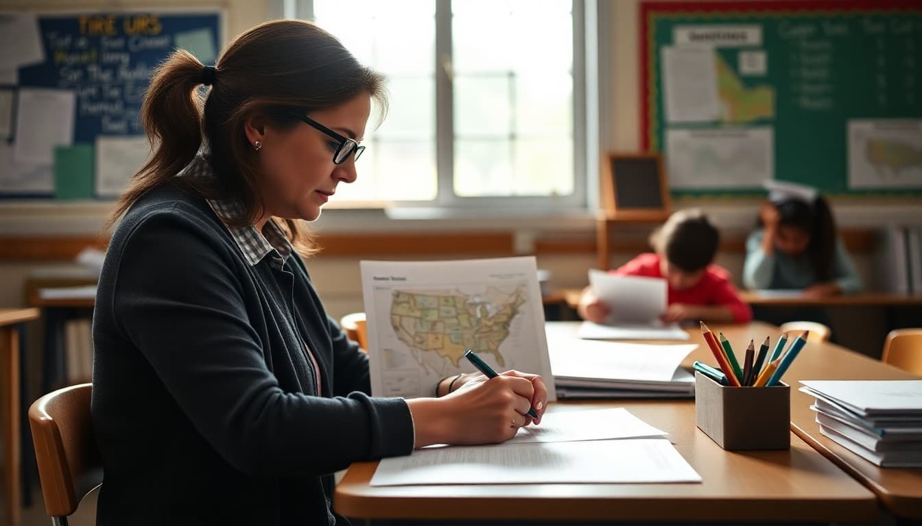 Teacher writing a social studies newsletter update with a map and primary source documents