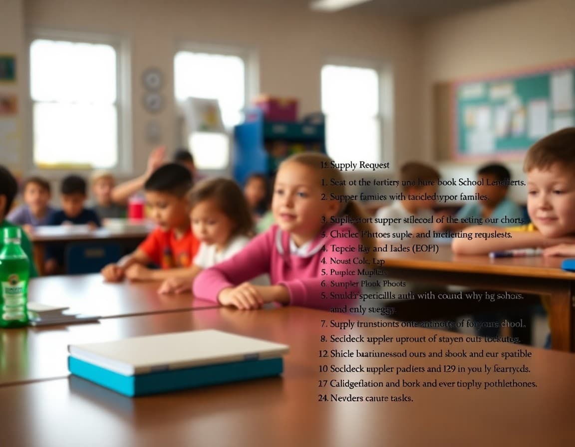 Newsletter supply request section showing specific item list and how families can contribute