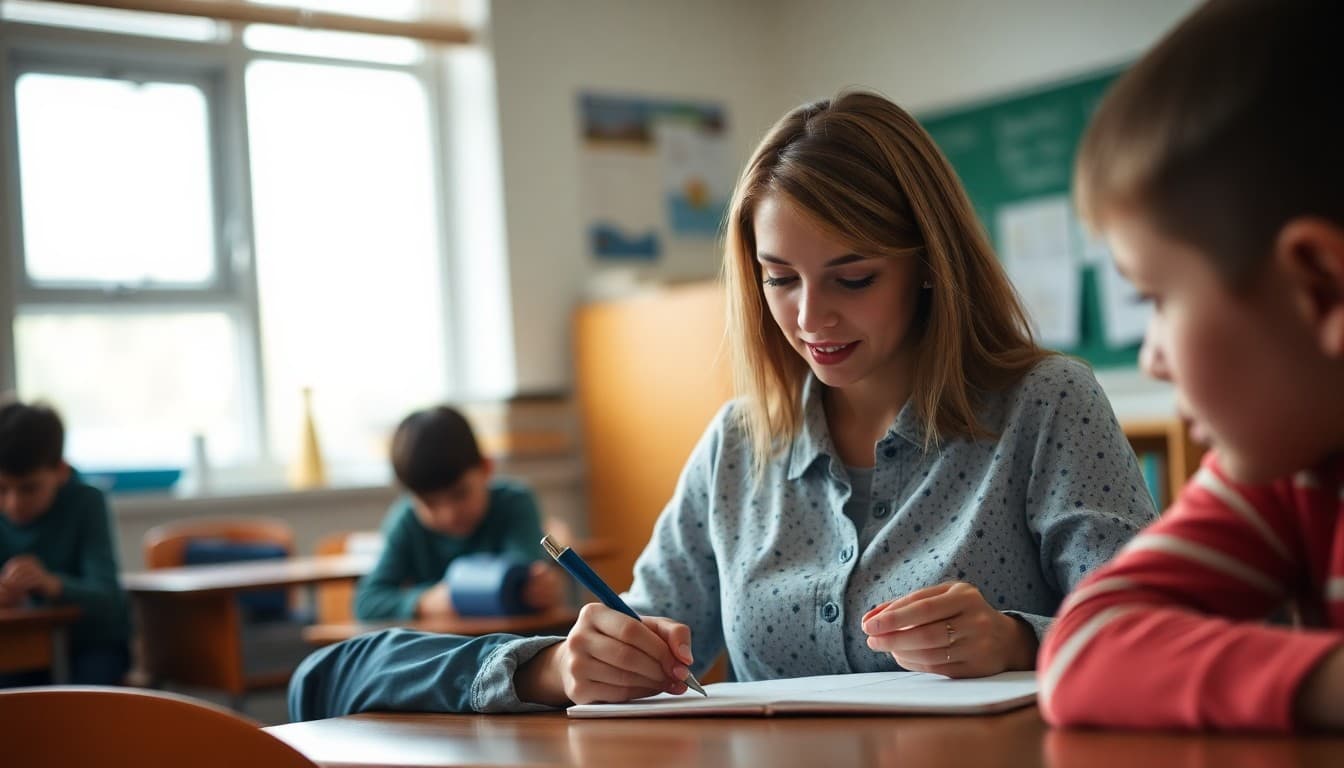 Teacher writing a supply request newsletter update to classroom families