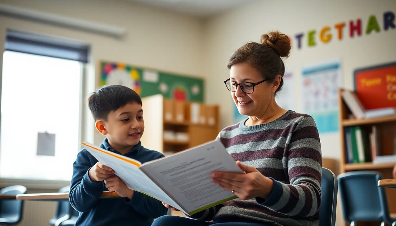Parent volunteer in classroom reading with a student after responding to newsletter request