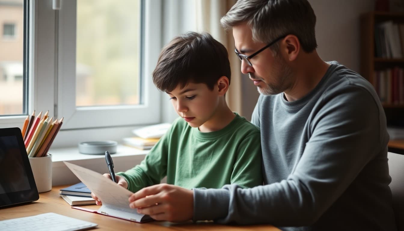 Student sharing writing draft with parent at home after seeing classroom newsletter update