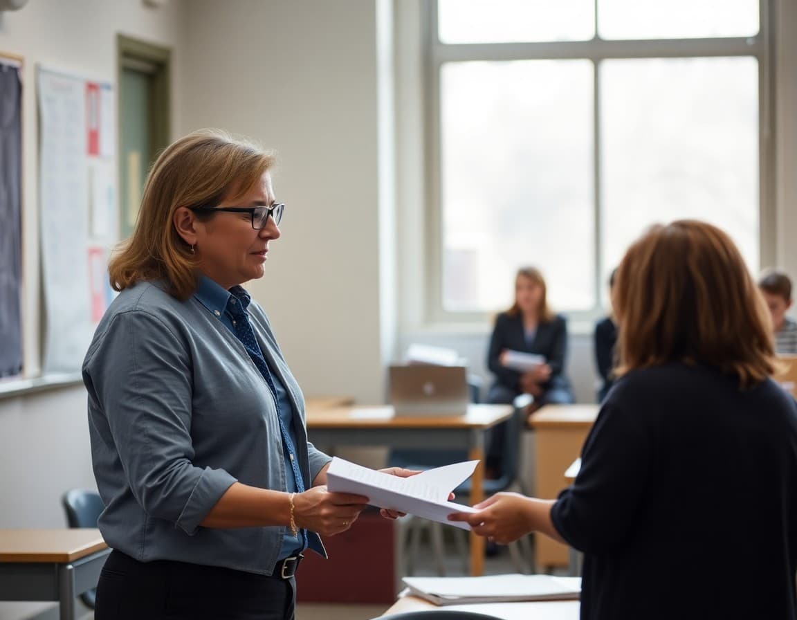 School administrator helping teacher track continuing education credit hours