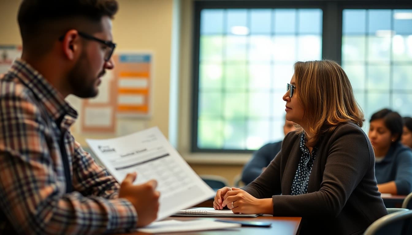 Teacher reviewing certification renewal requirements at professional development