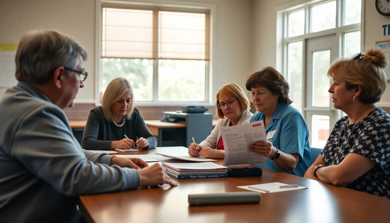 Alabama PTA members gathered at school table reviewing newsletter drafts together
