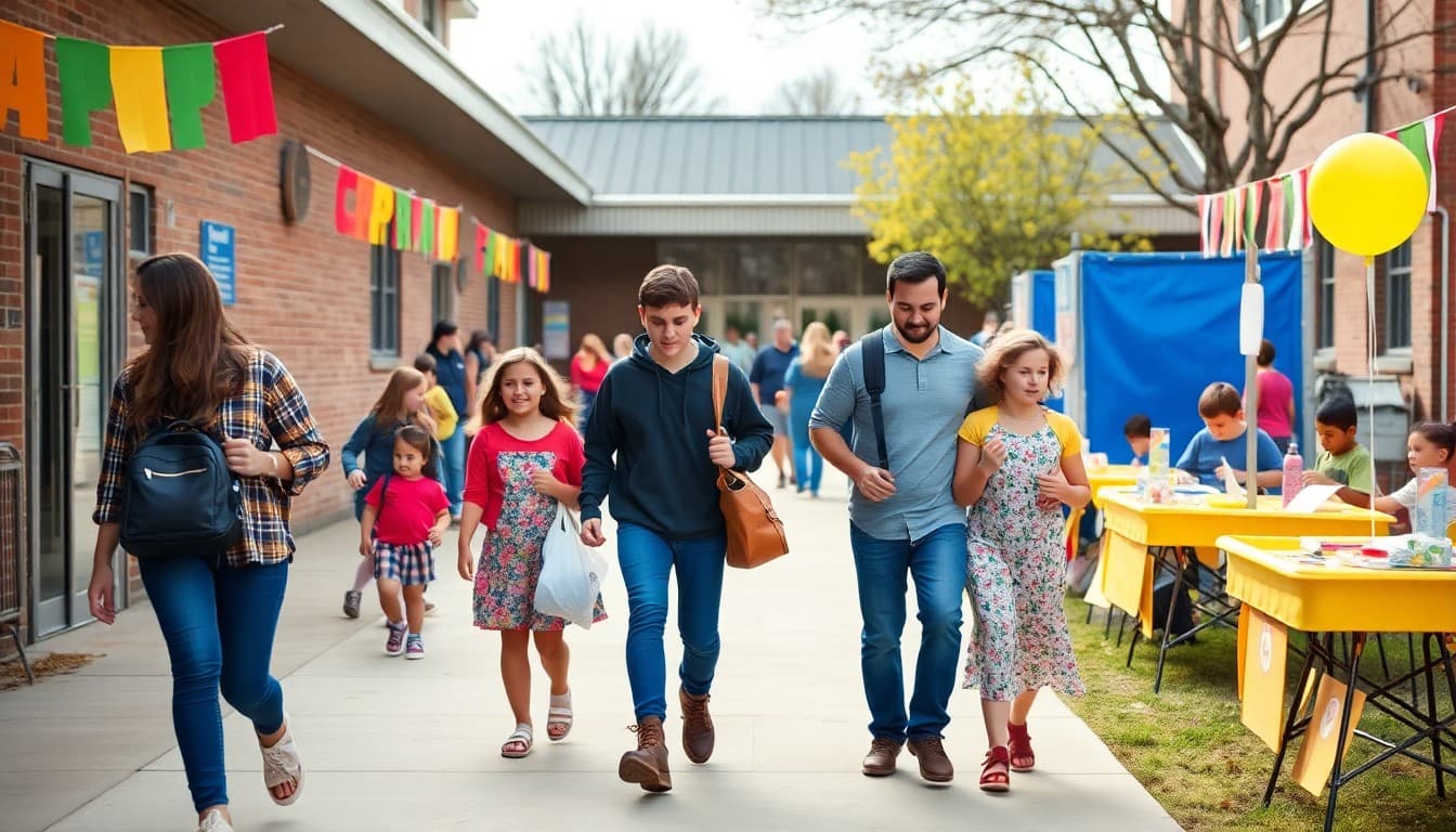 Families arriving at a spring school carnival with colorful banners and student activity stations outside