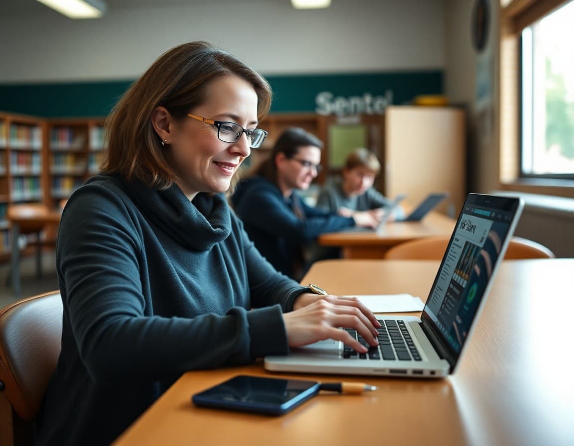 Parent volunteer typing PTA newsletter on laptop at school library table