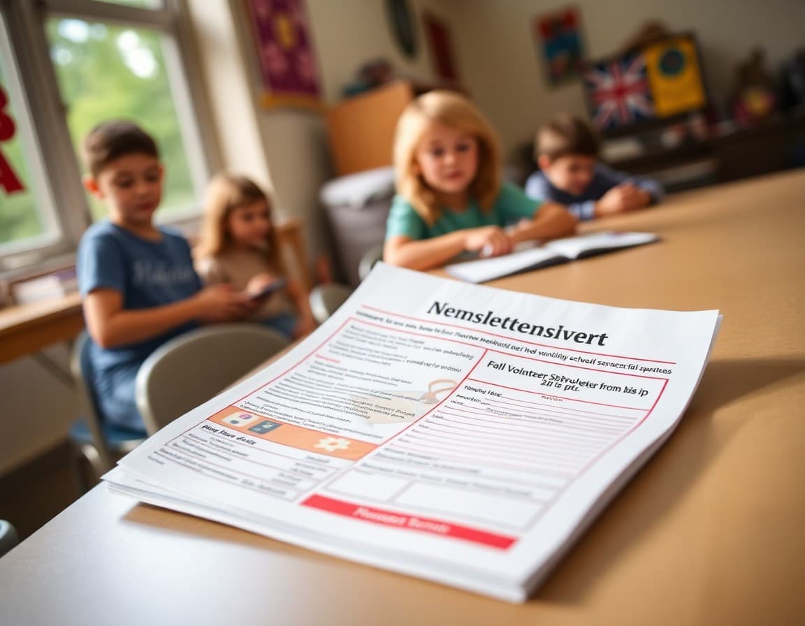 August PTA newsletter on a table with membership drive details and fall volunteer sign-up form
