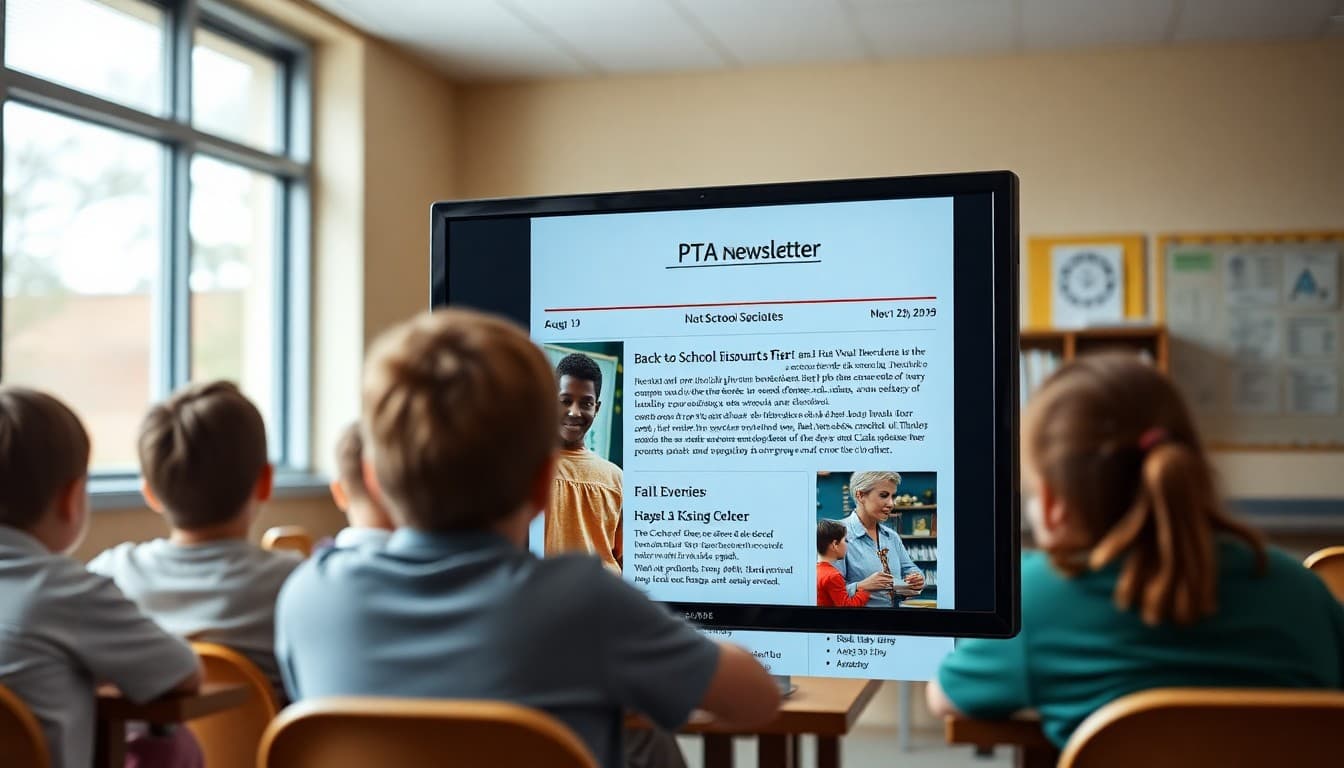 August PTA newsletter template on screen showing back-to-school welcome and fall event preview