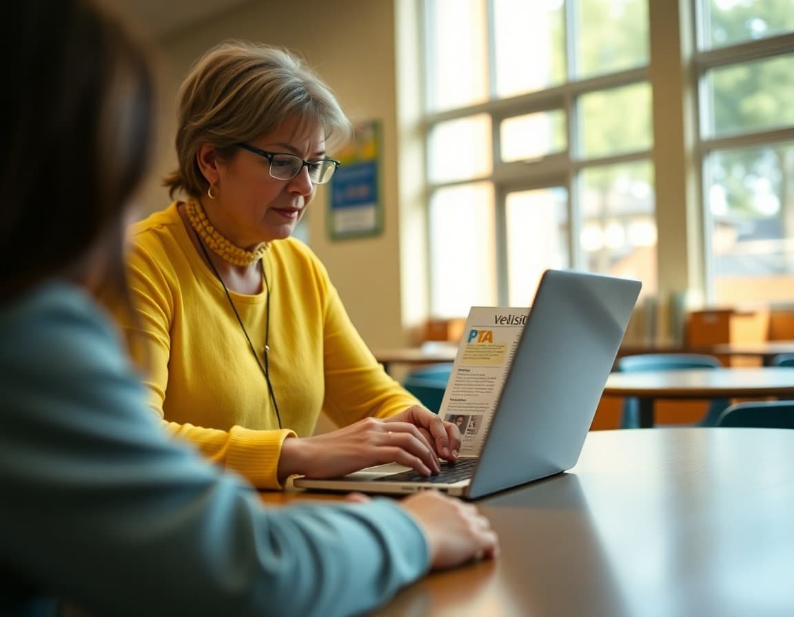 Parent volunteer typing PTA newsletter on laptop at school library table