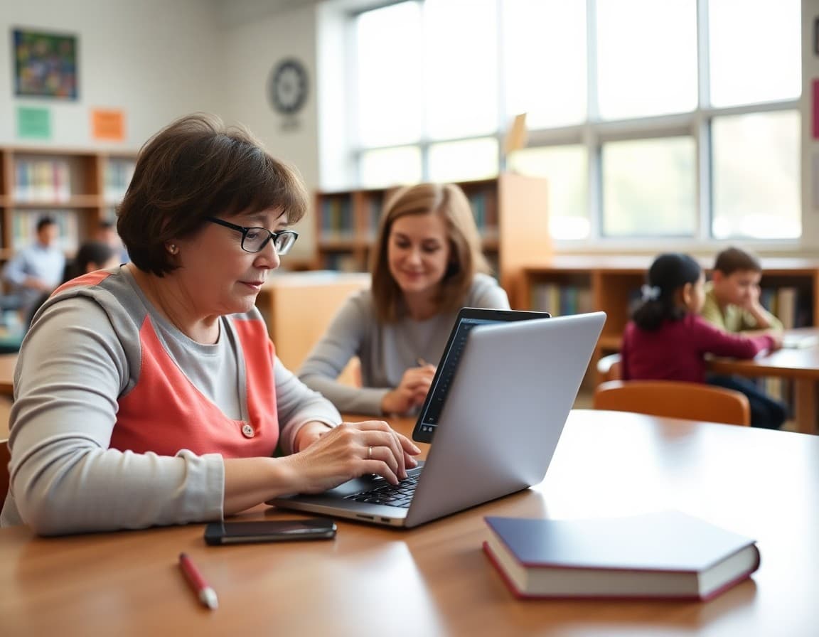 Parent volunteer typing PTA newsletter on laptop at school library table