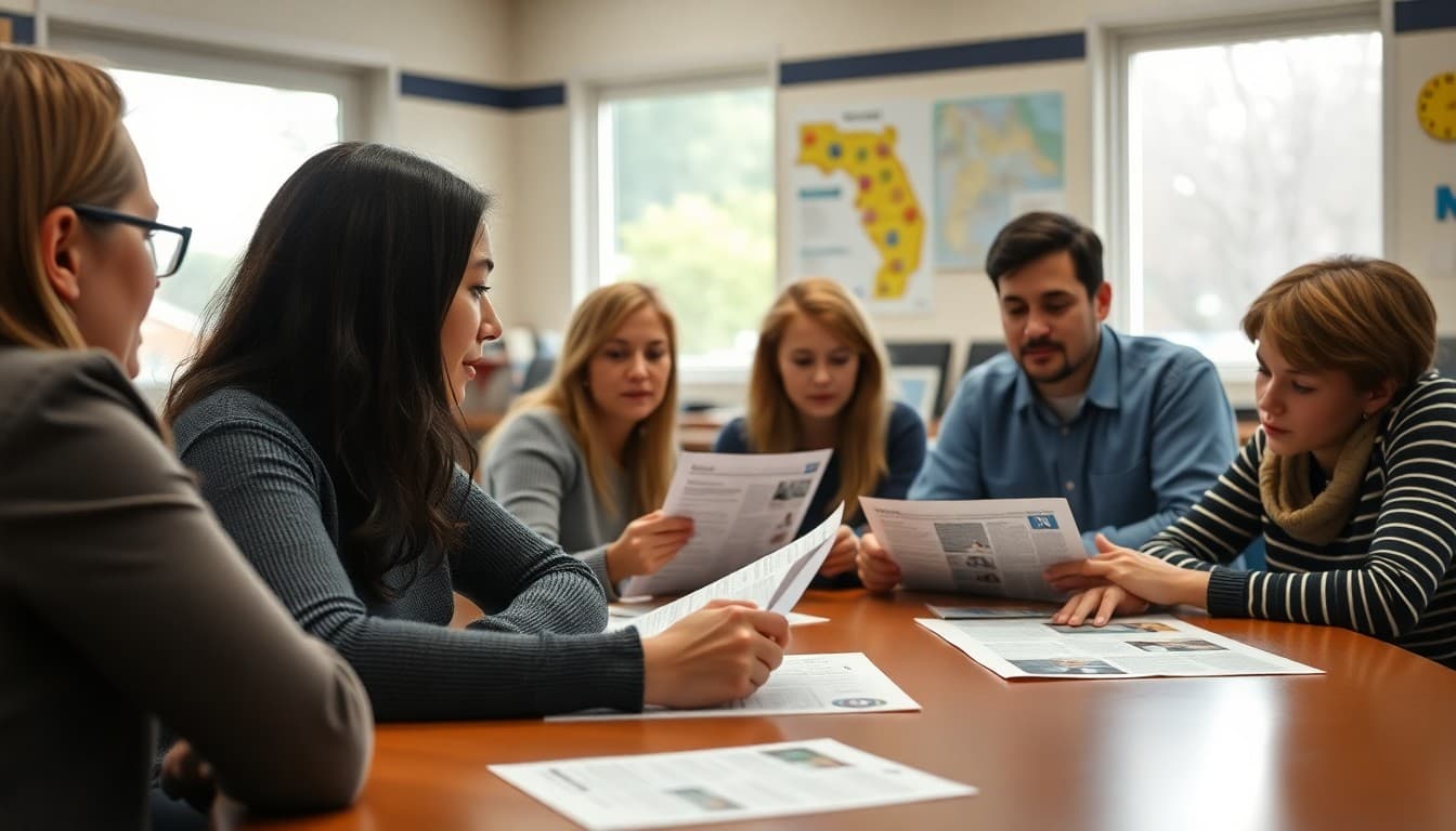 California PTA members gathered at school table reviewing newsletter drafts together