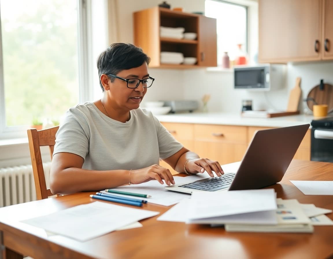 Parent volunteer typing class communication email at kitchen table with school papers nearby