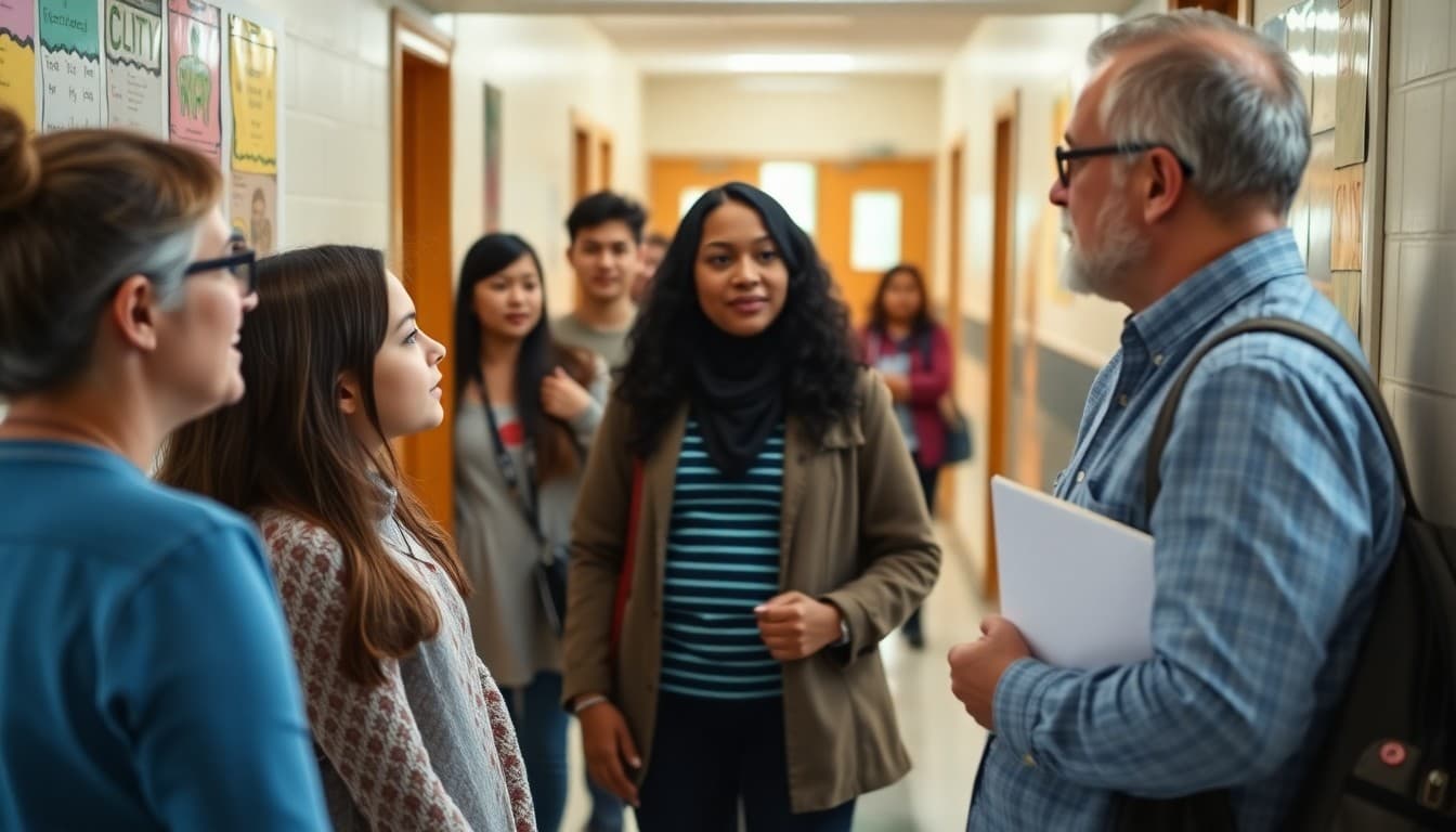 Class parent representative speaking with teacher and parents in school hallway