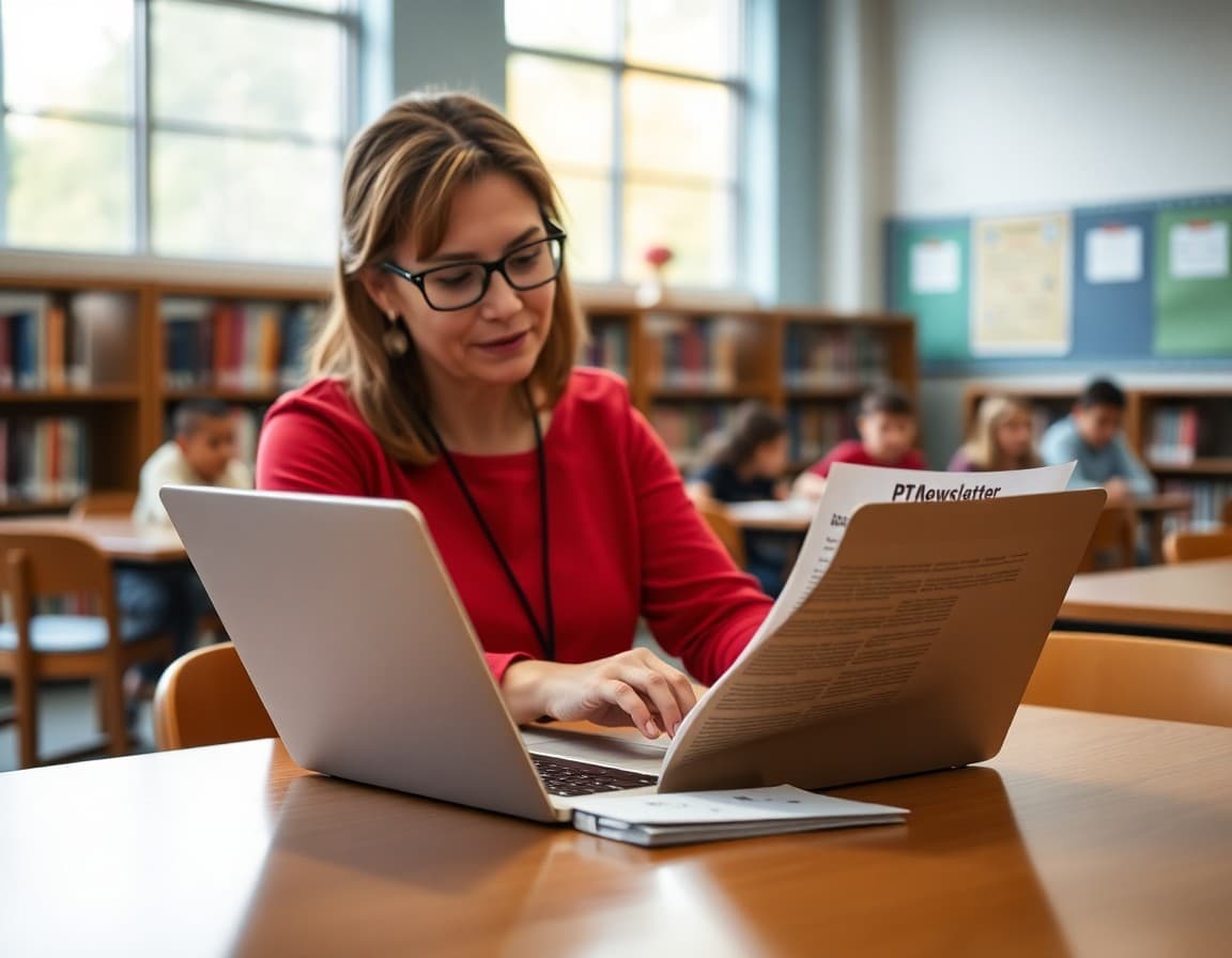 Parent volunteer typing PTA newsletter on laptop at school library table