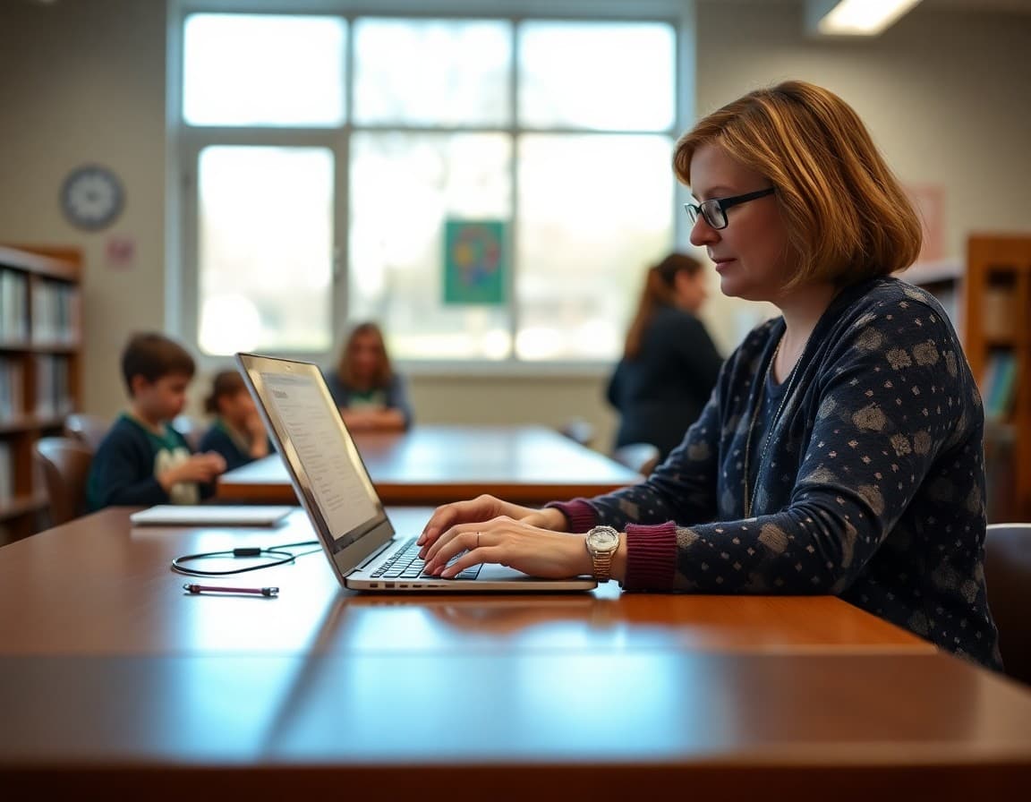 Parent volunteer typing PTA newsletter on laptop at school library table