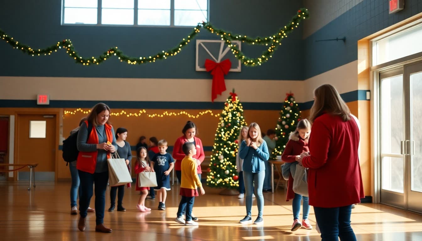 PTA volunteers decorating a school gymnasium for a winter holiday event with families arriving