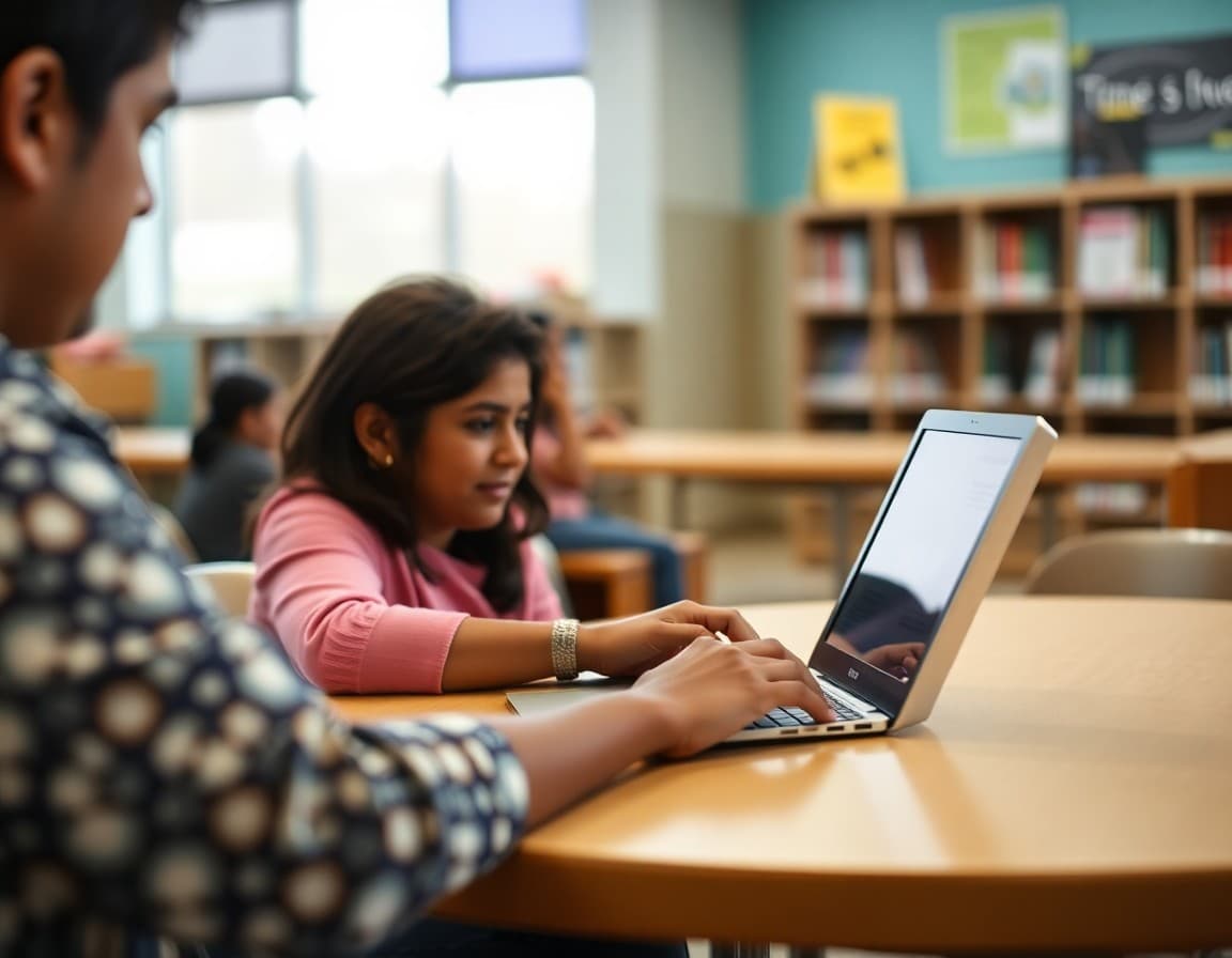 Parent volunteer typing PTA newsletter on laptop at school library table