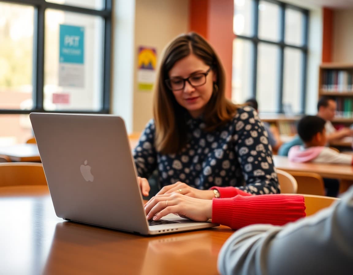 Parent volunteer typing PTA newsletter on laptop at school library table