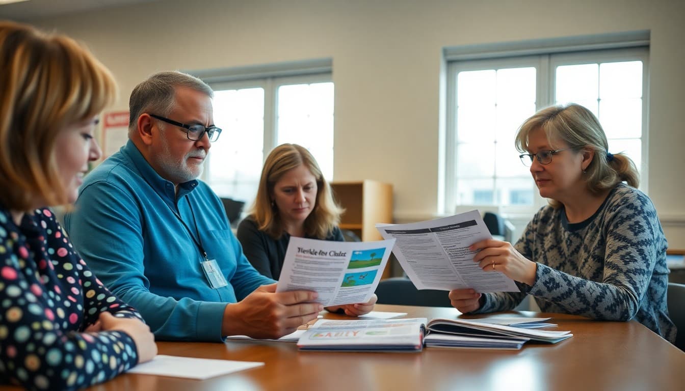 Georgia PTA members gathered at school table reviewing newsletter drafts together