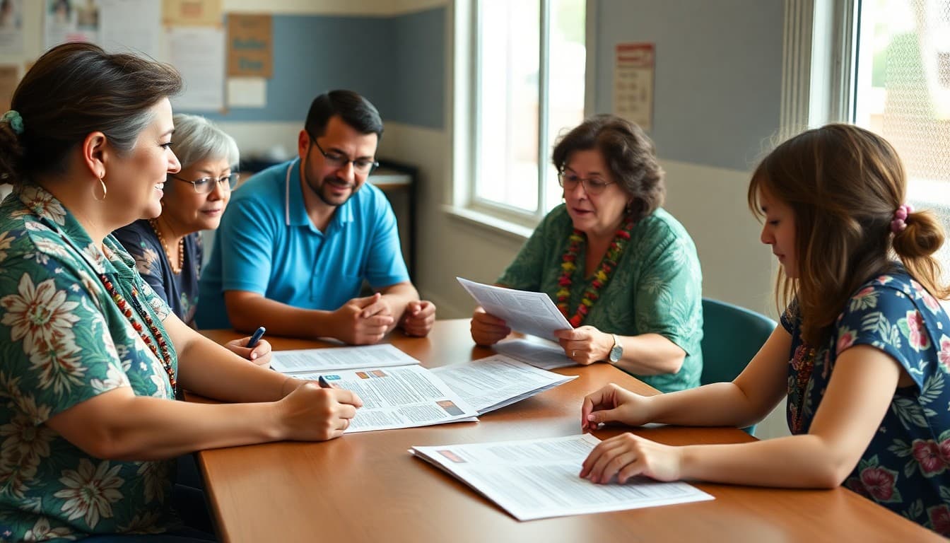 Hawaii PTA members gathered at school table reviewing newsletter drafts together
