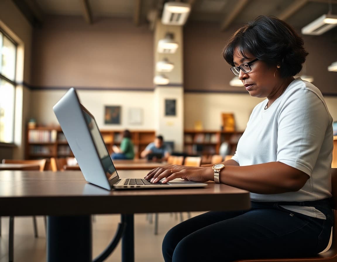 Parent volunteer typing PTA newsletter on laptop at school library table