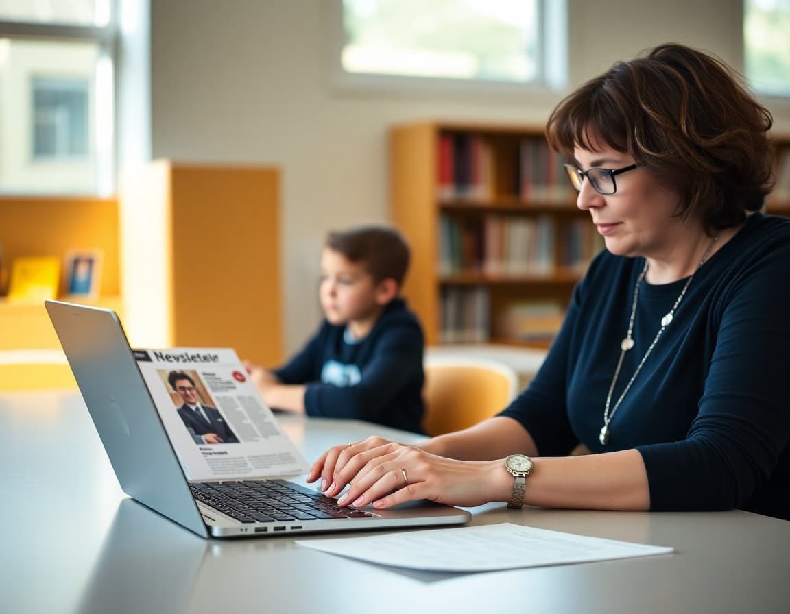 Parent volunteer typing PTA newsletter on laptop at school library table