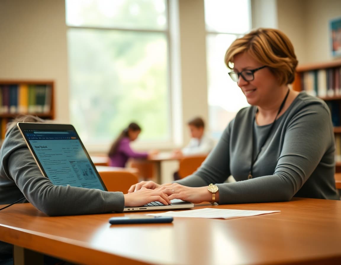 Parent volunteer typing PTA newsletter on laptop at school library table