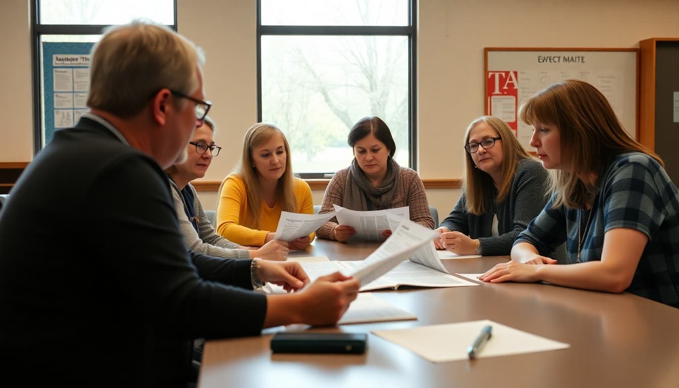 Indiana PTA members gathered at school table reviewing newsletter drafts together