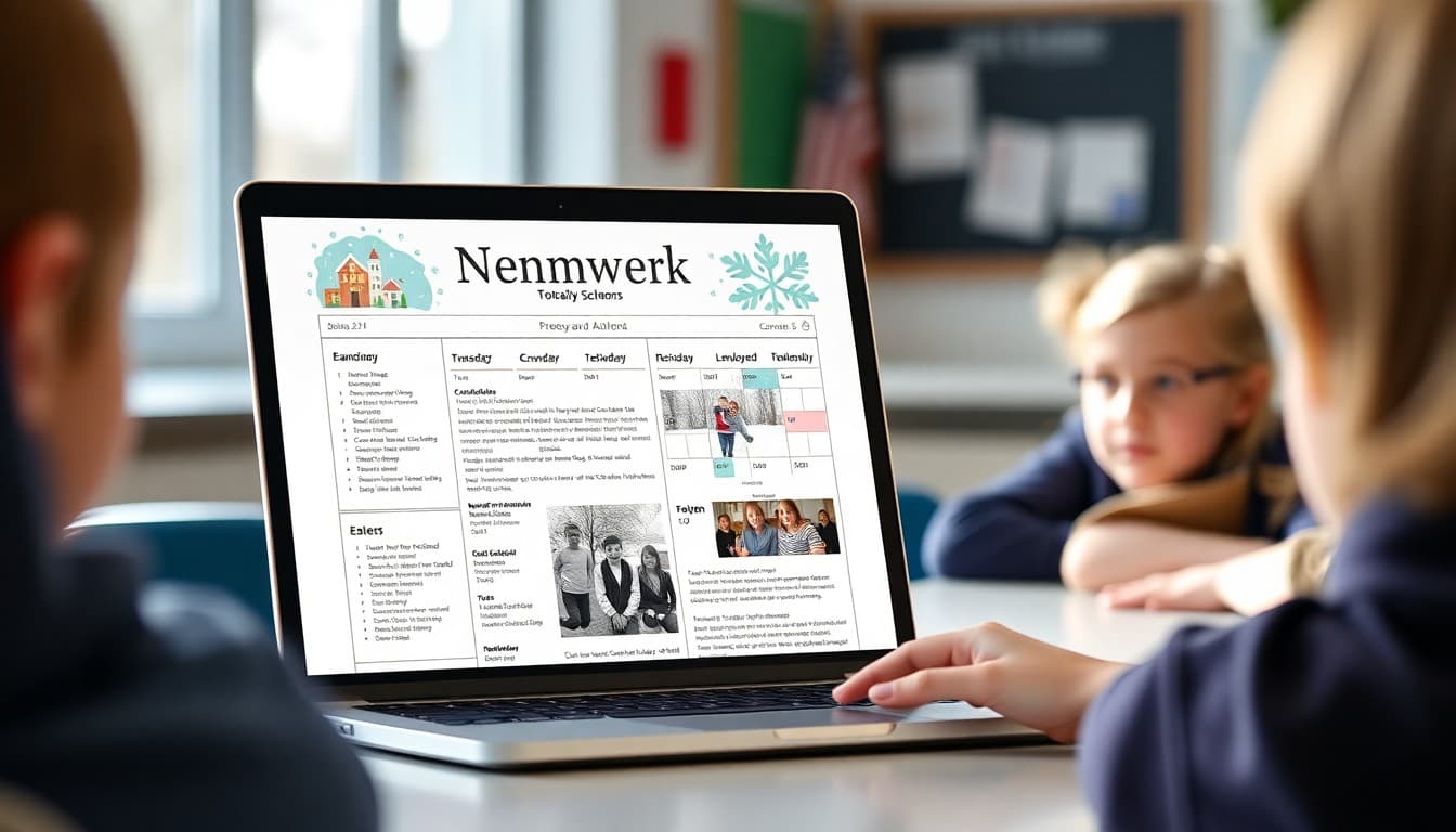 January PTA newsletter template displayed on a laptop screen with winter theme and school calendar