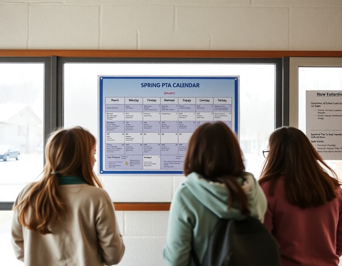 Parents reviewing a spring PTA event calendar posted on a school community bulletin board in January