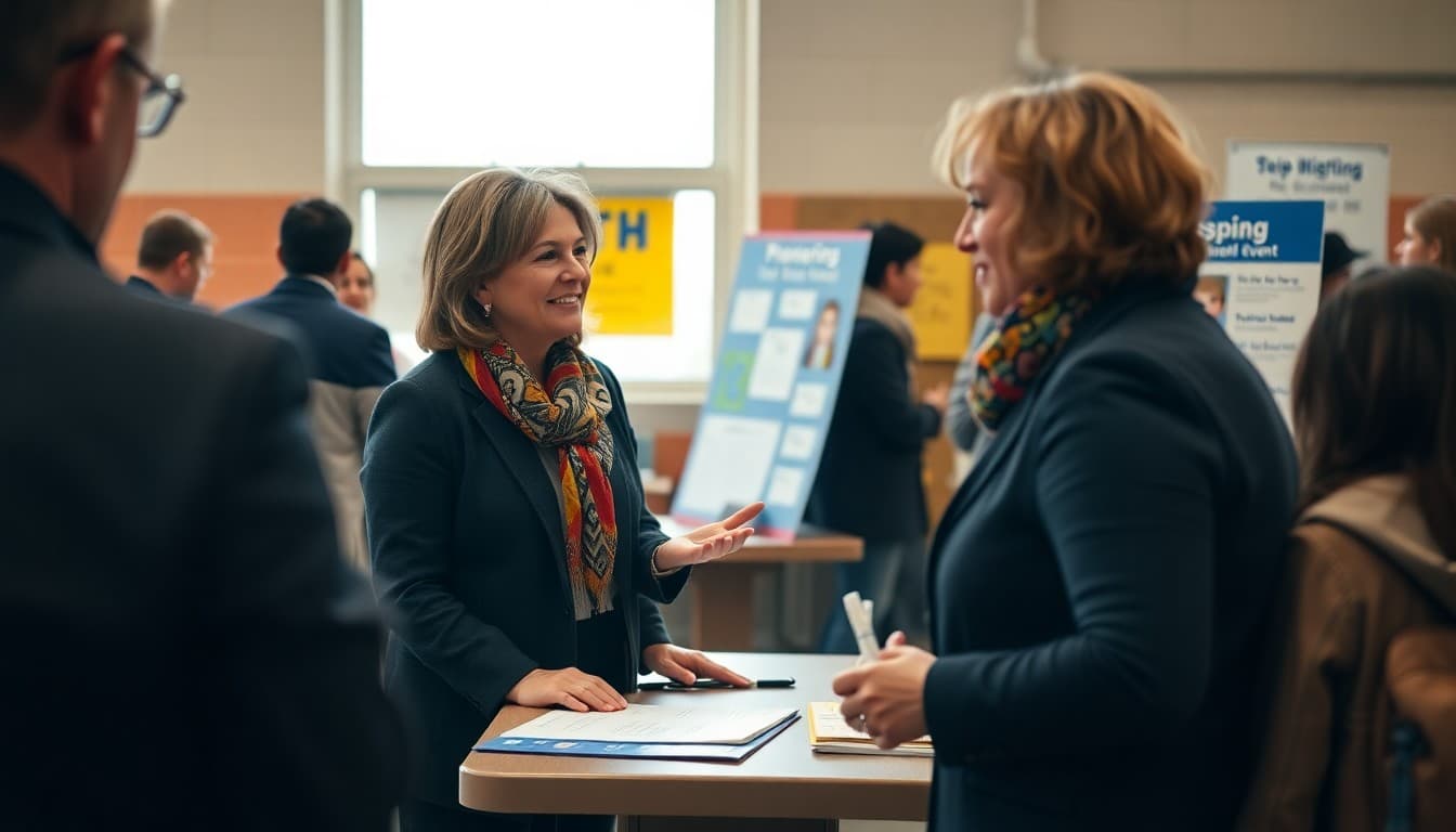 PTA president welcoming families at a January back-to-school night with a sign-in table and spring event preview boards