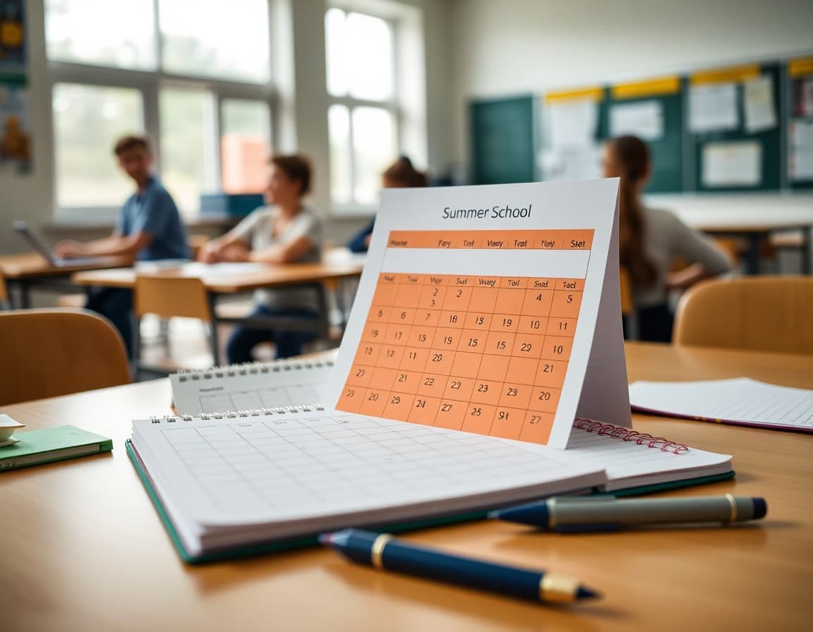 Summer school calendar on table with notebook and fall planning notes