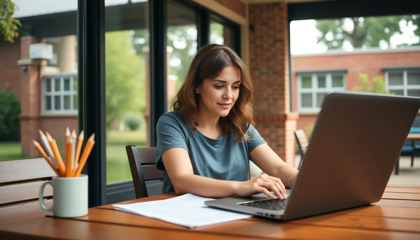 Parent at laptop outdoors during summer writing school newsletter for fall planning