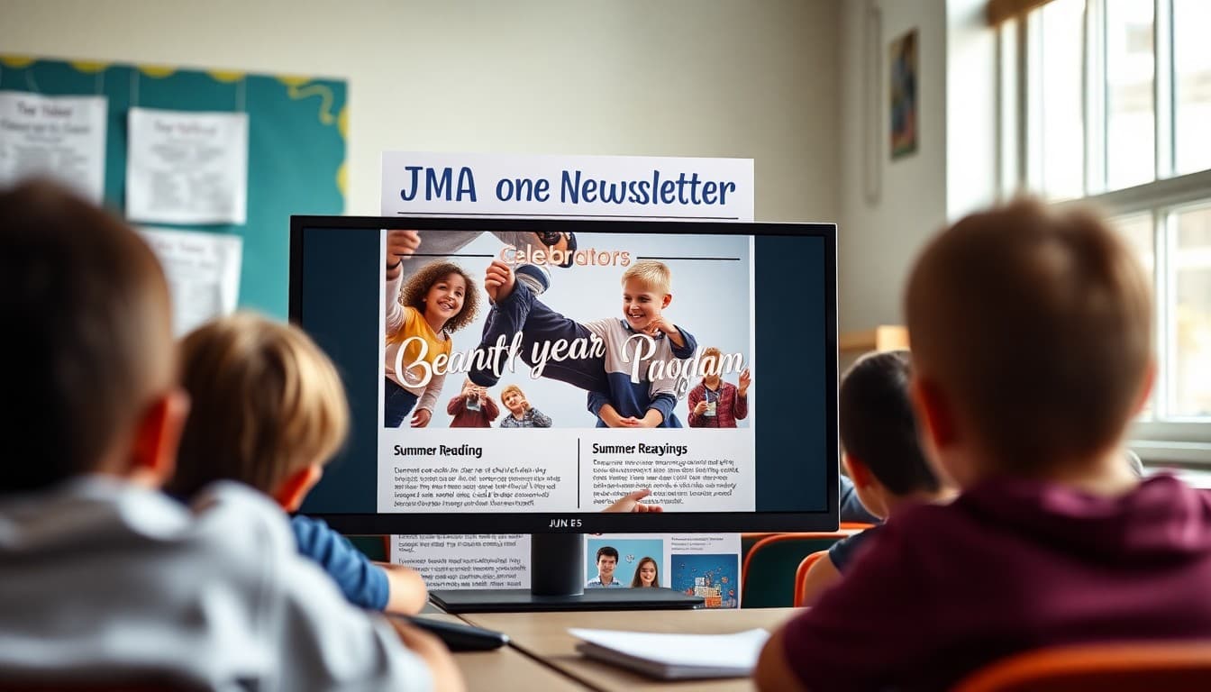 June PTA newsletter template on screen showing end-of-year celebration and summer reading program