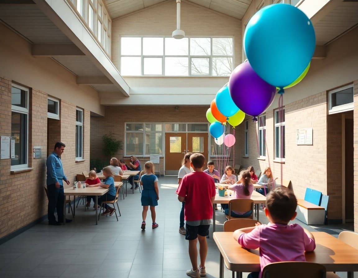 School courtyard with balloons and tables set up for end of year celebration