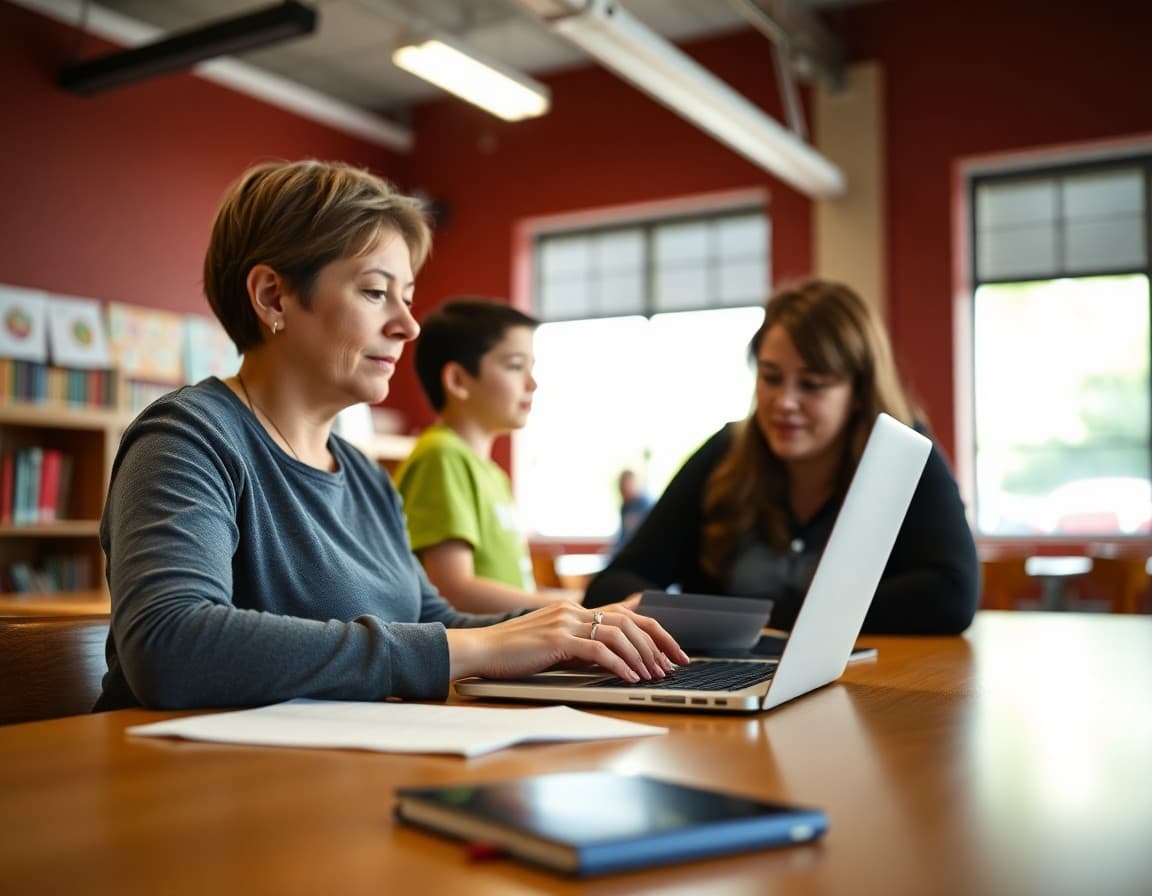 Parent volunteer typing PTA newsletter on laptop at school library table