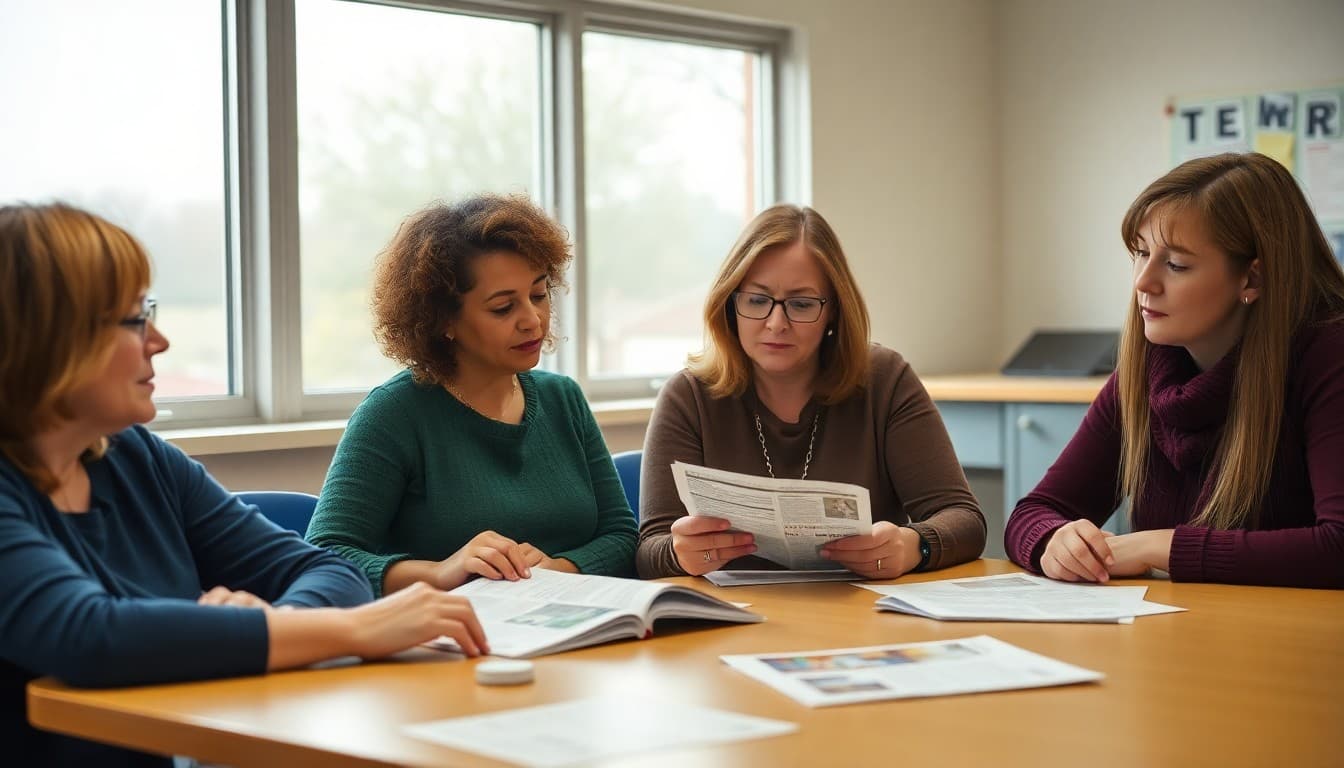 Kansas PTA members gathered at school table reviewing newsletter drafts together