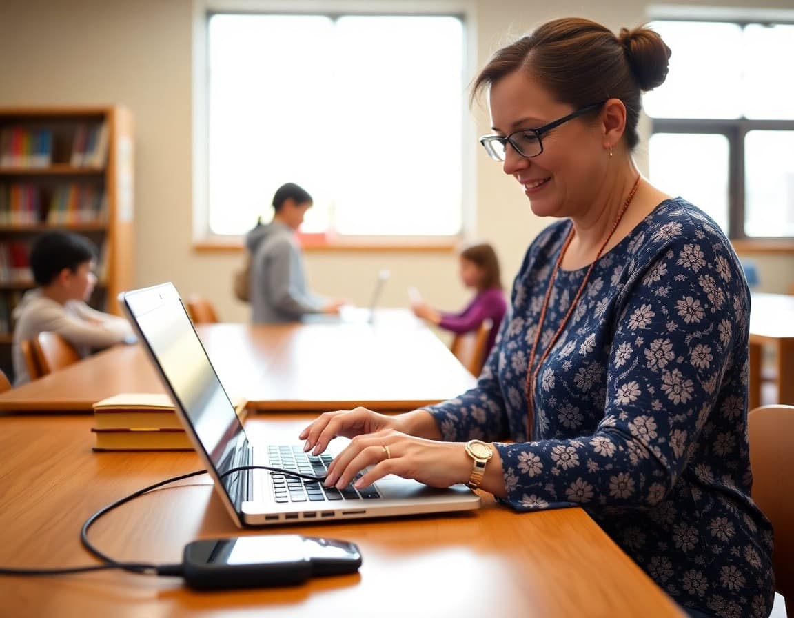 Parent volunteer typing PTA newsletter on laptop at school library table